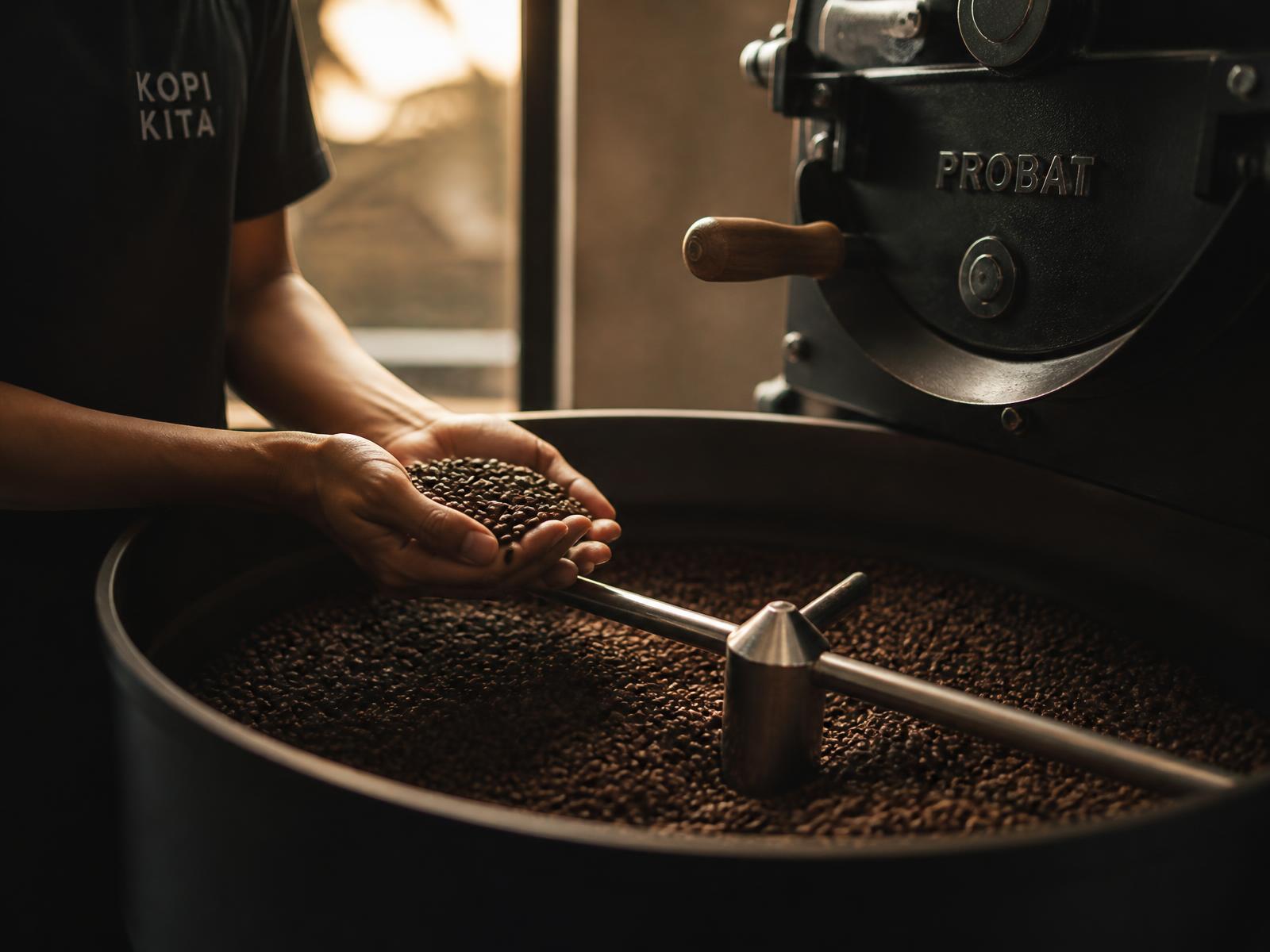 Roaster cupping freshly roasted coffee beans at a drum roaster in Malaysia